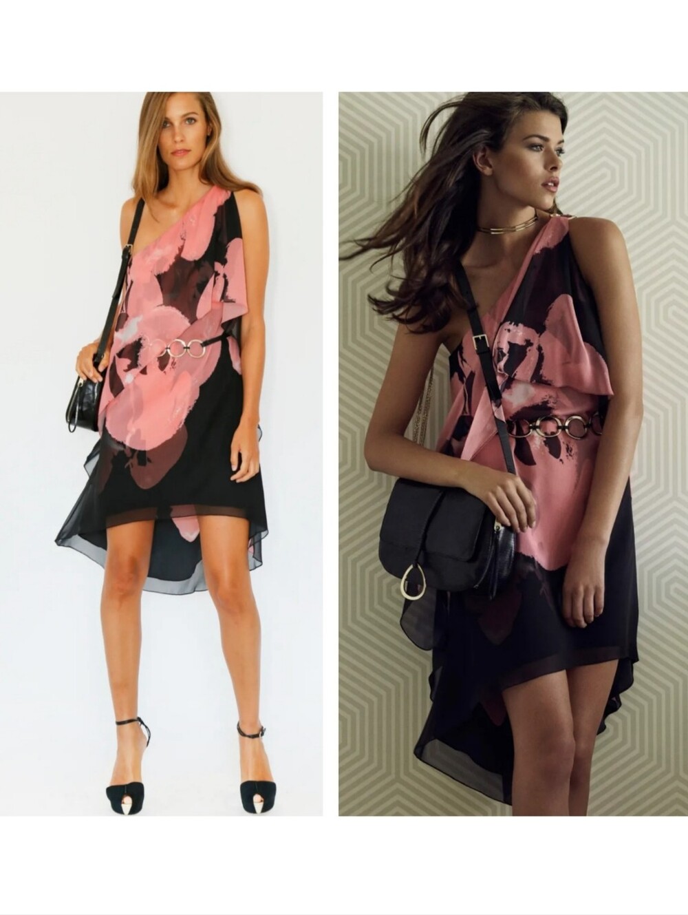 Halston Heritage Black & Pink Orchid Spring 2016 RTW Runway One-Shoulder Dress 2